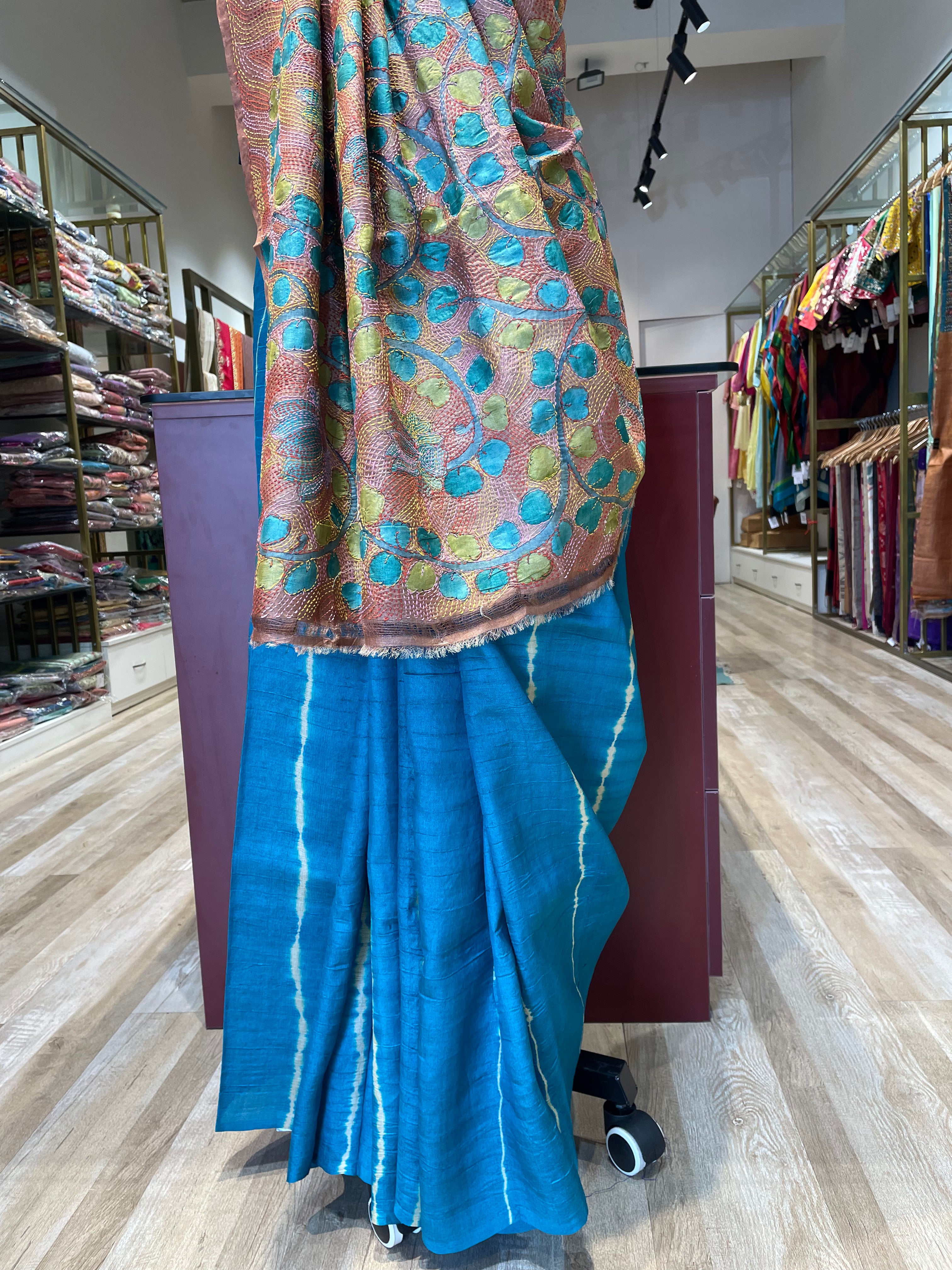 Pure tussar silk kalamkari with lehrya saree