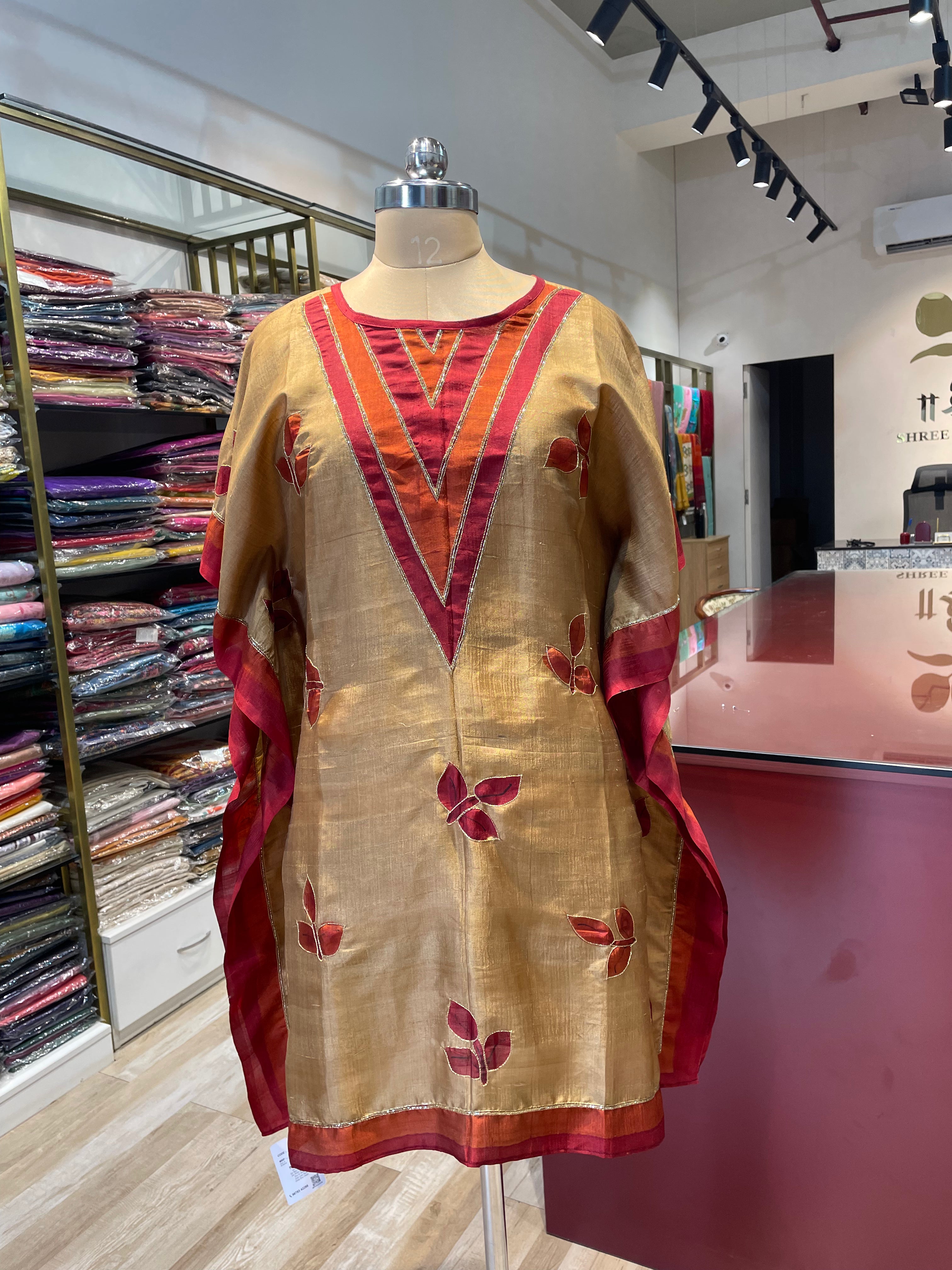 Pure silk hand painted short kaftan with handwork (M)