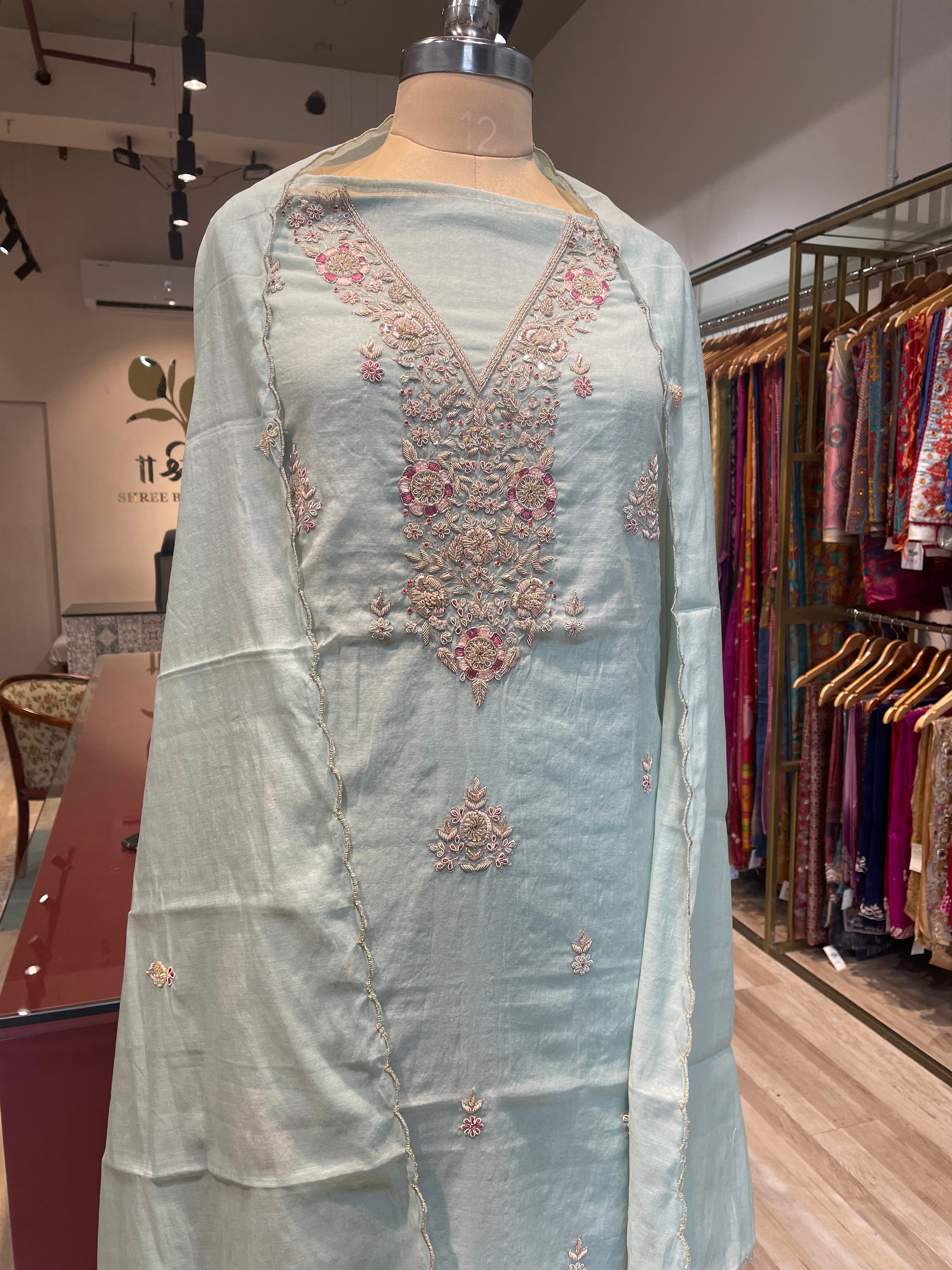 Pure chanderi silk zardosi work dress material (LB)