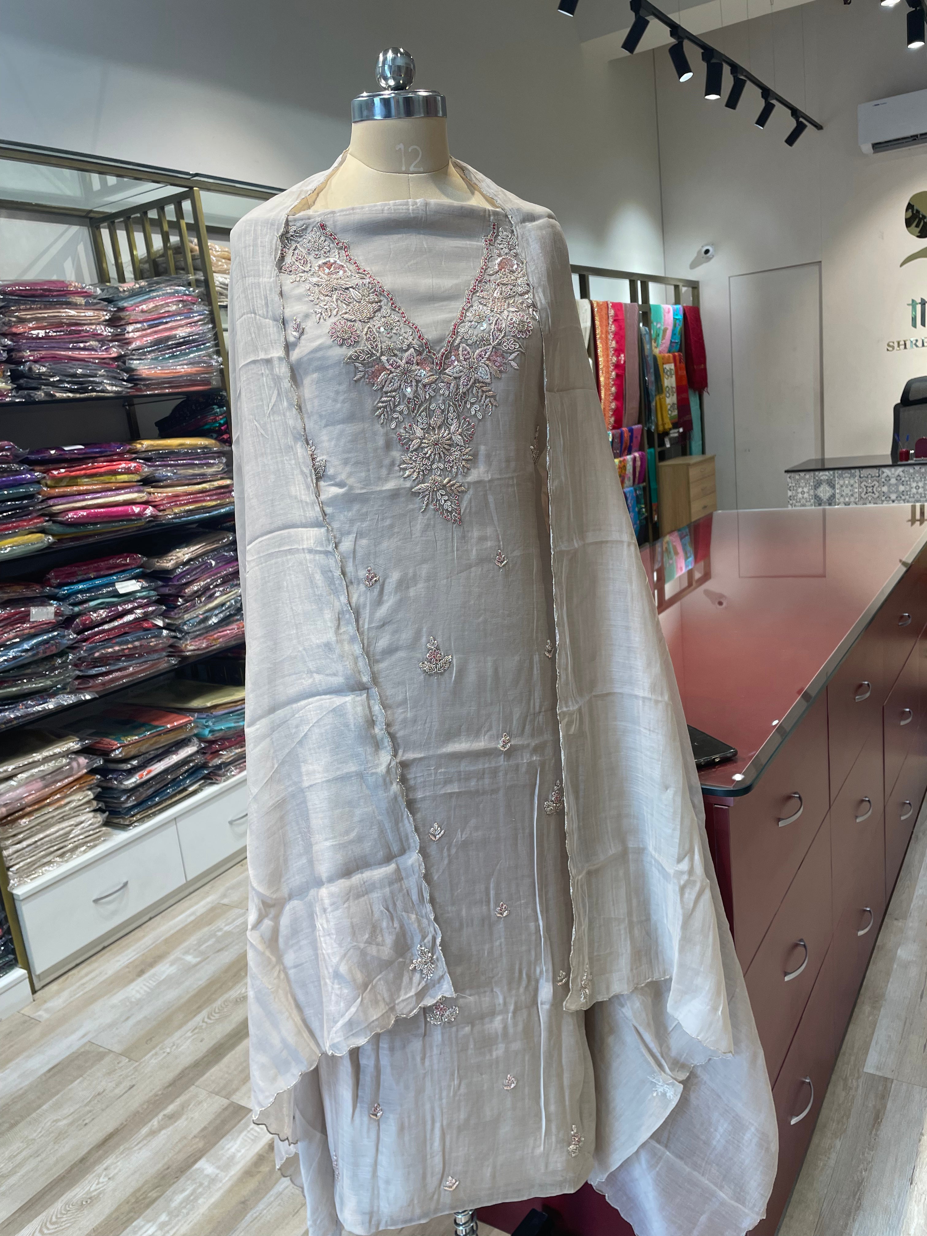 Pure chanderi silk zardosi work dress material (G)