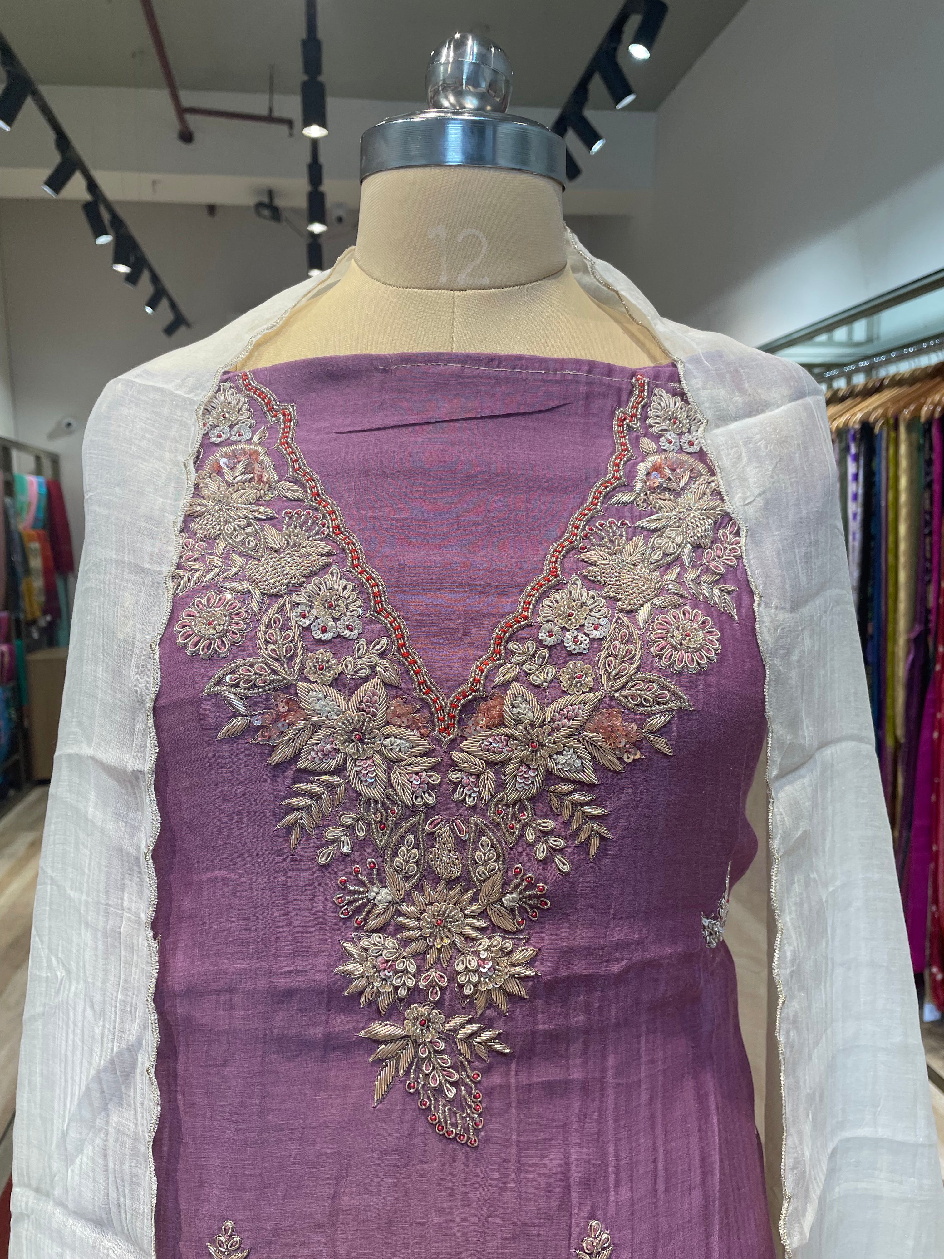 Pure chanderi silk zardosi work dress material (P)