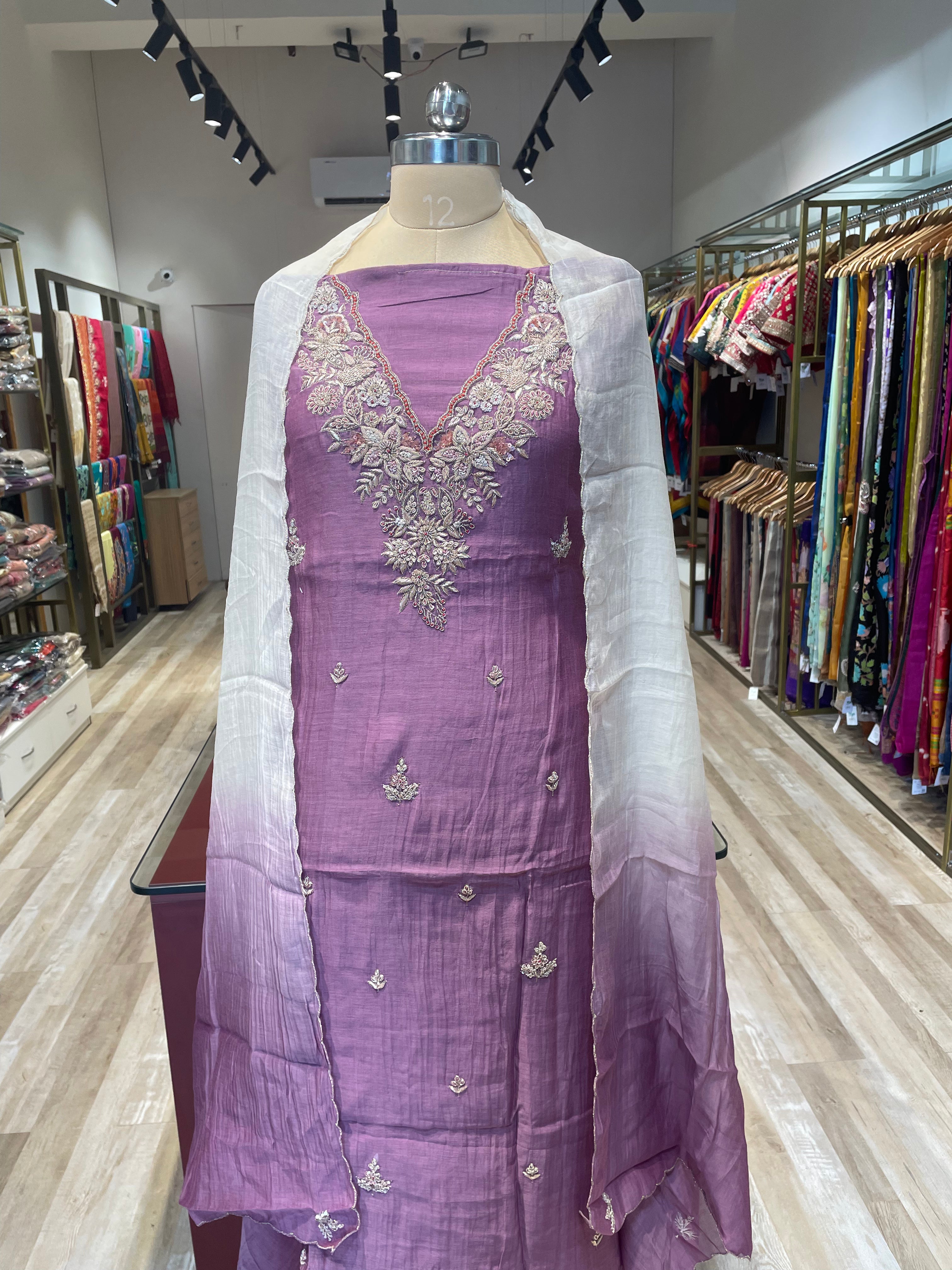 Pure chanderi silk zardosi work dress material (P)