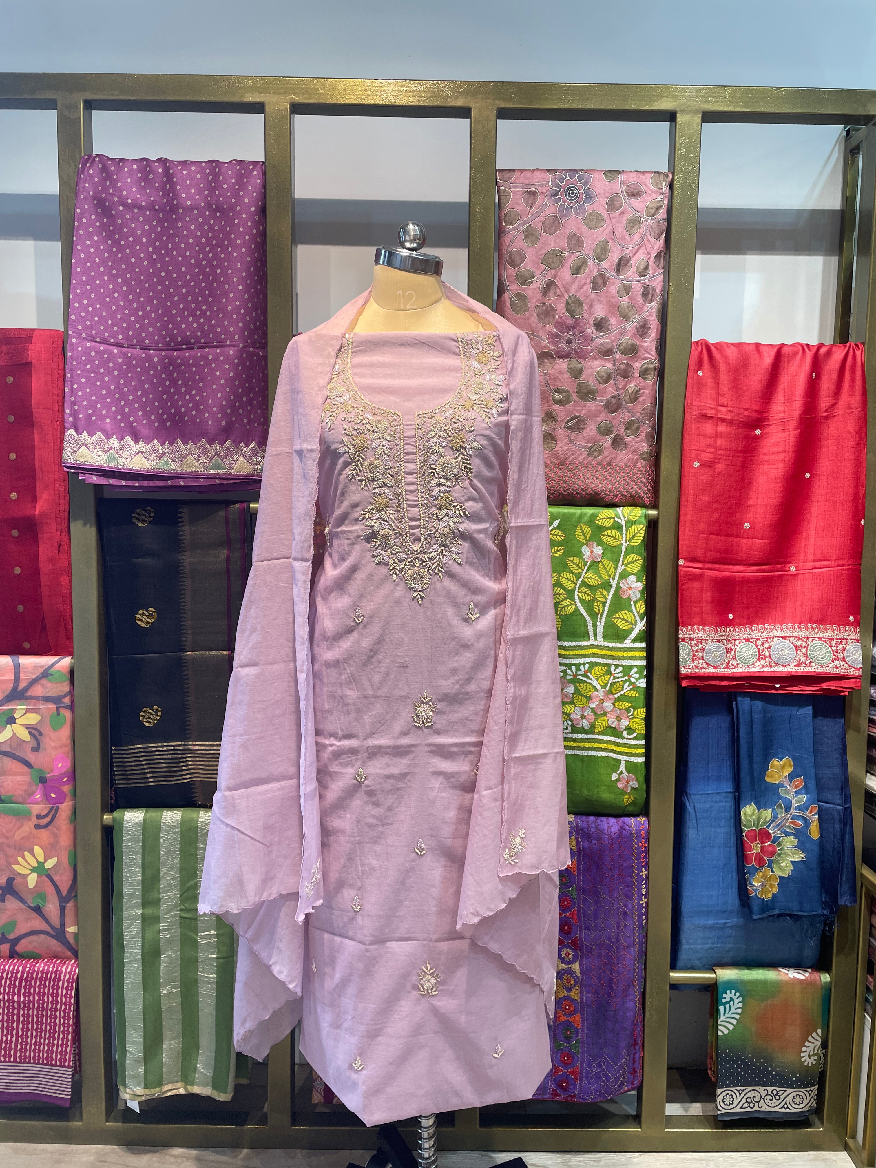 Pure chanderi silk zardosi work dress material (O)