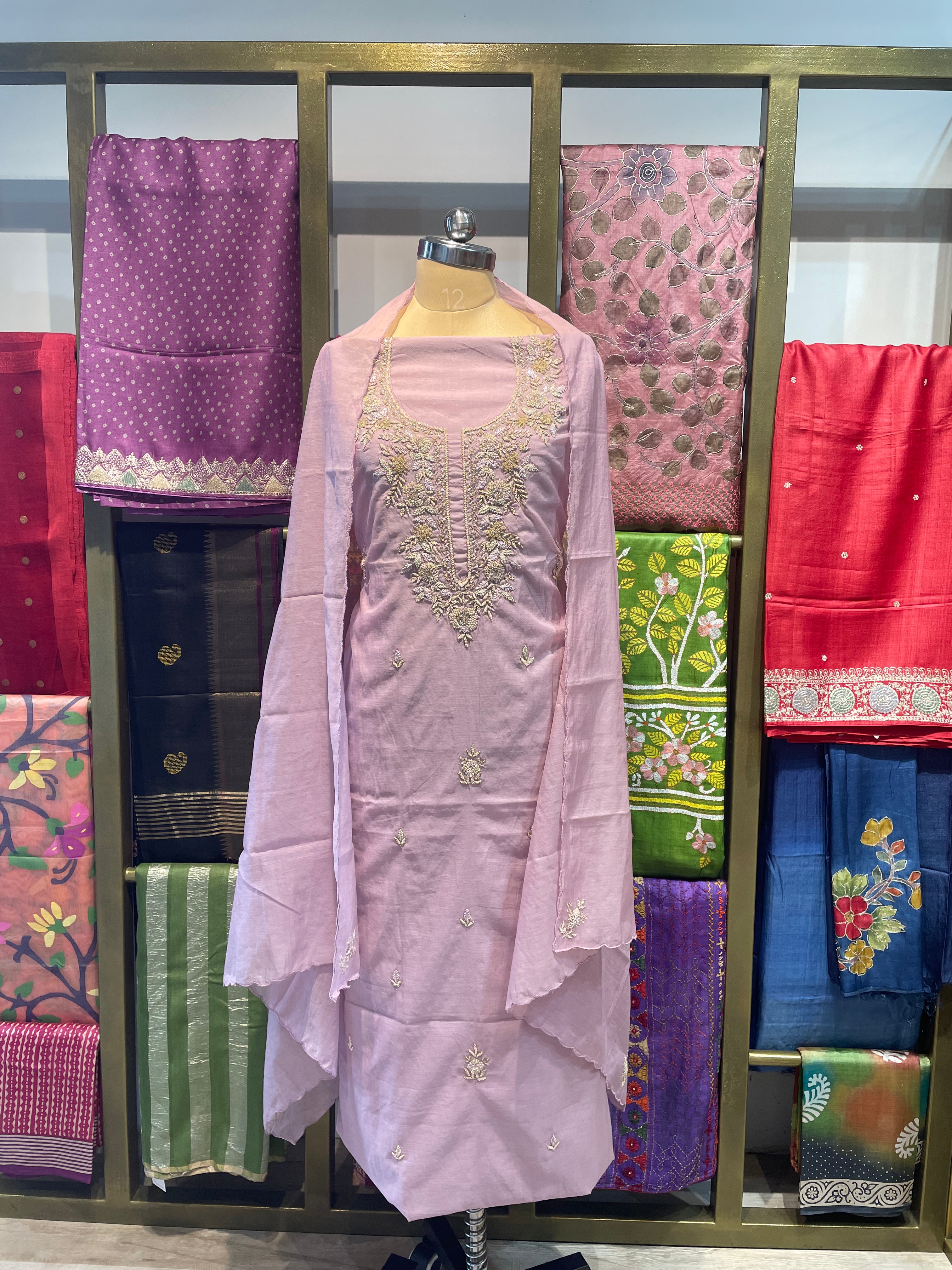 Pure chanderi silk zardosi work dress material (O)