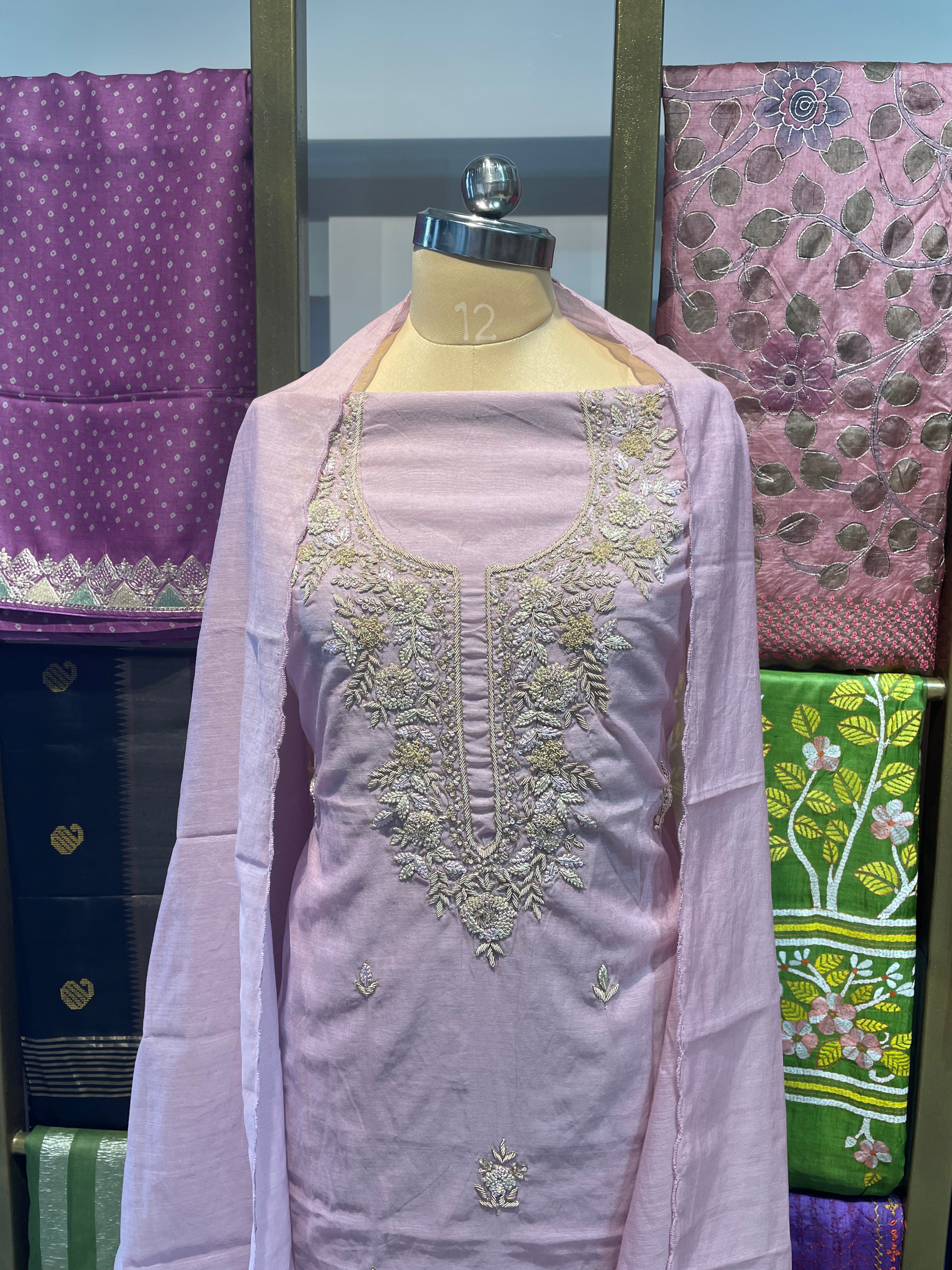 Pure chanderi silk zardosi work dress material (LP)