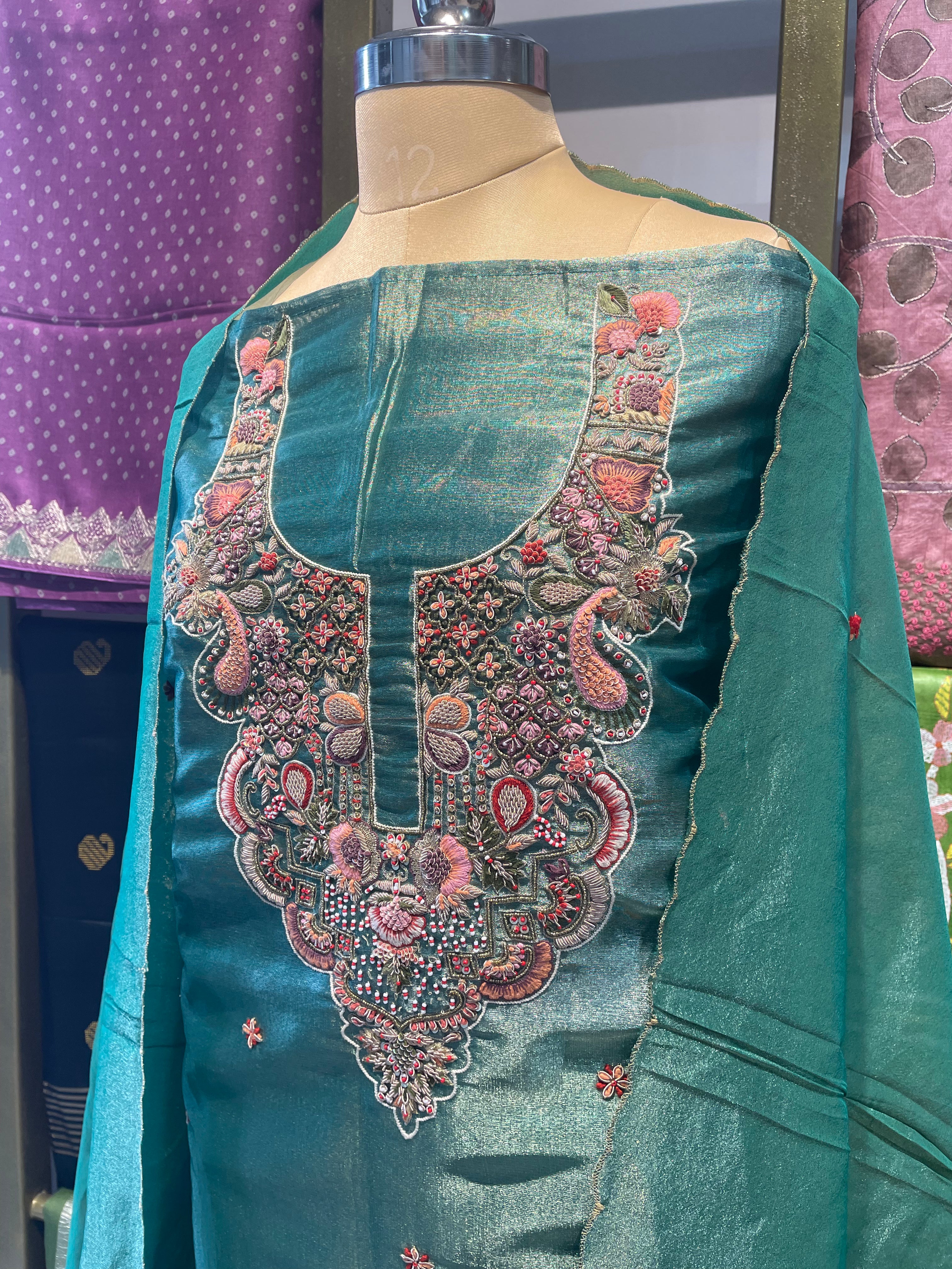 Pure tissue zardosi work dress material (G)