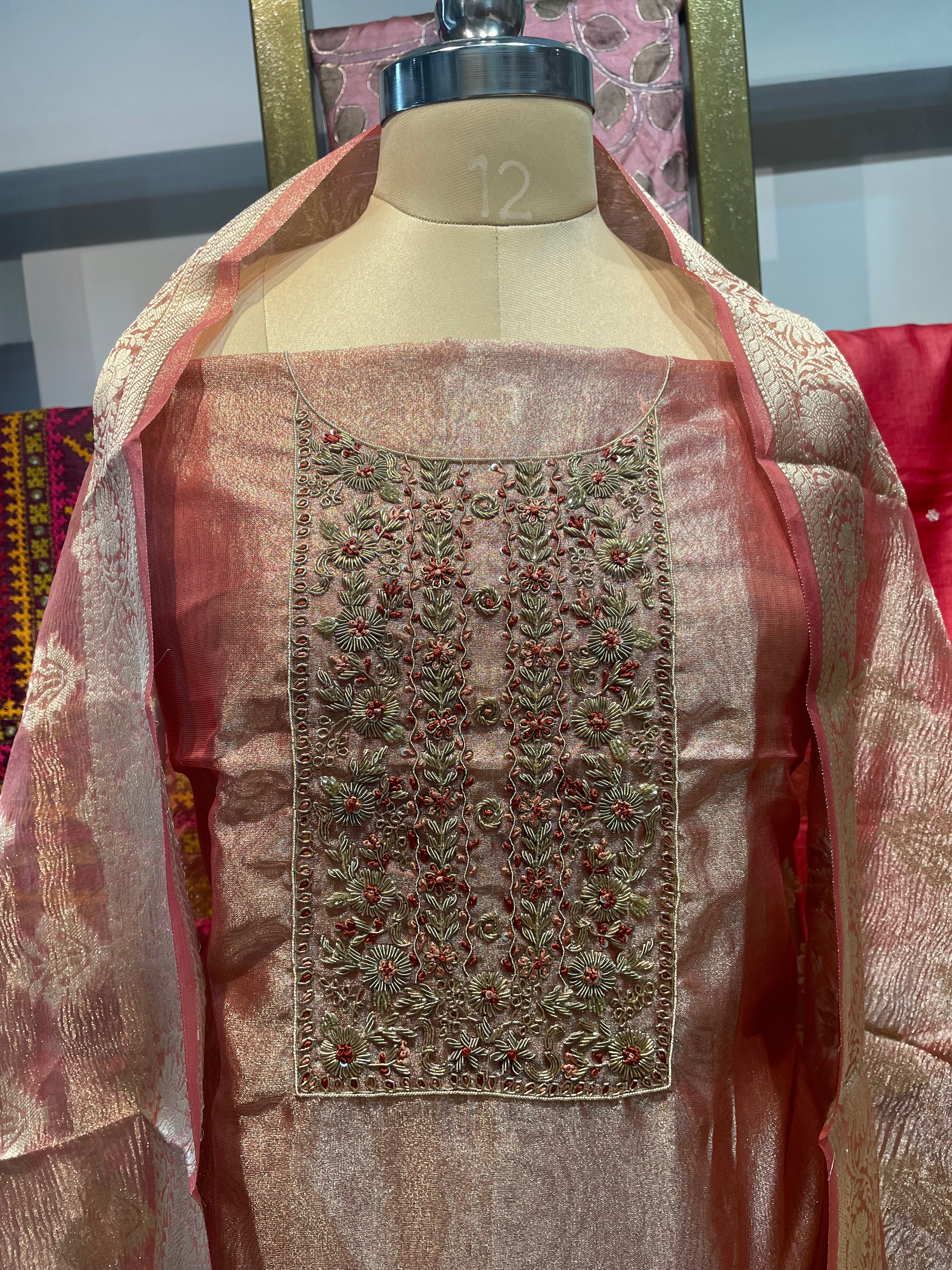 Pure tissue zardosi work dress material (C)