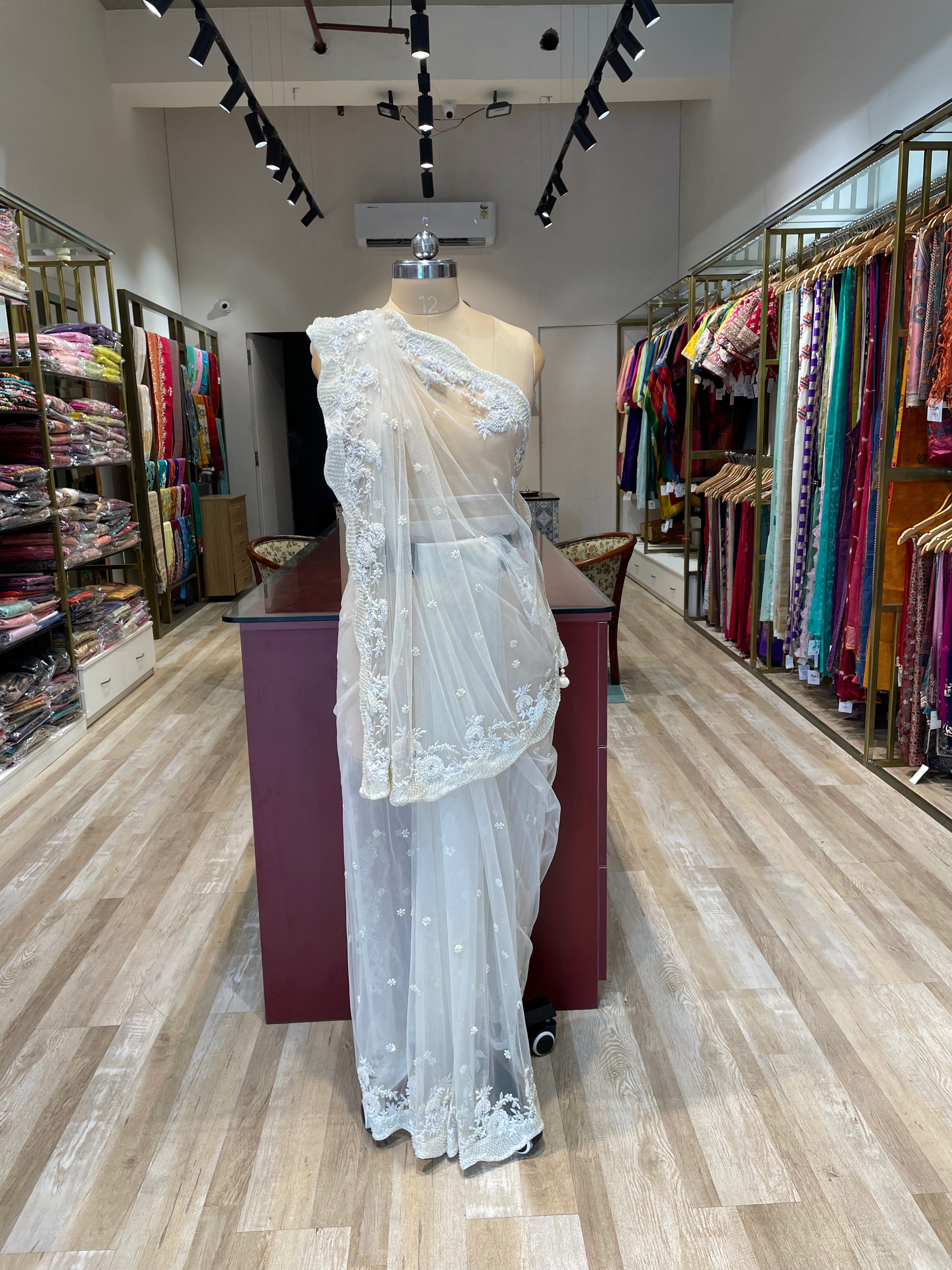 White net saree with Moti work