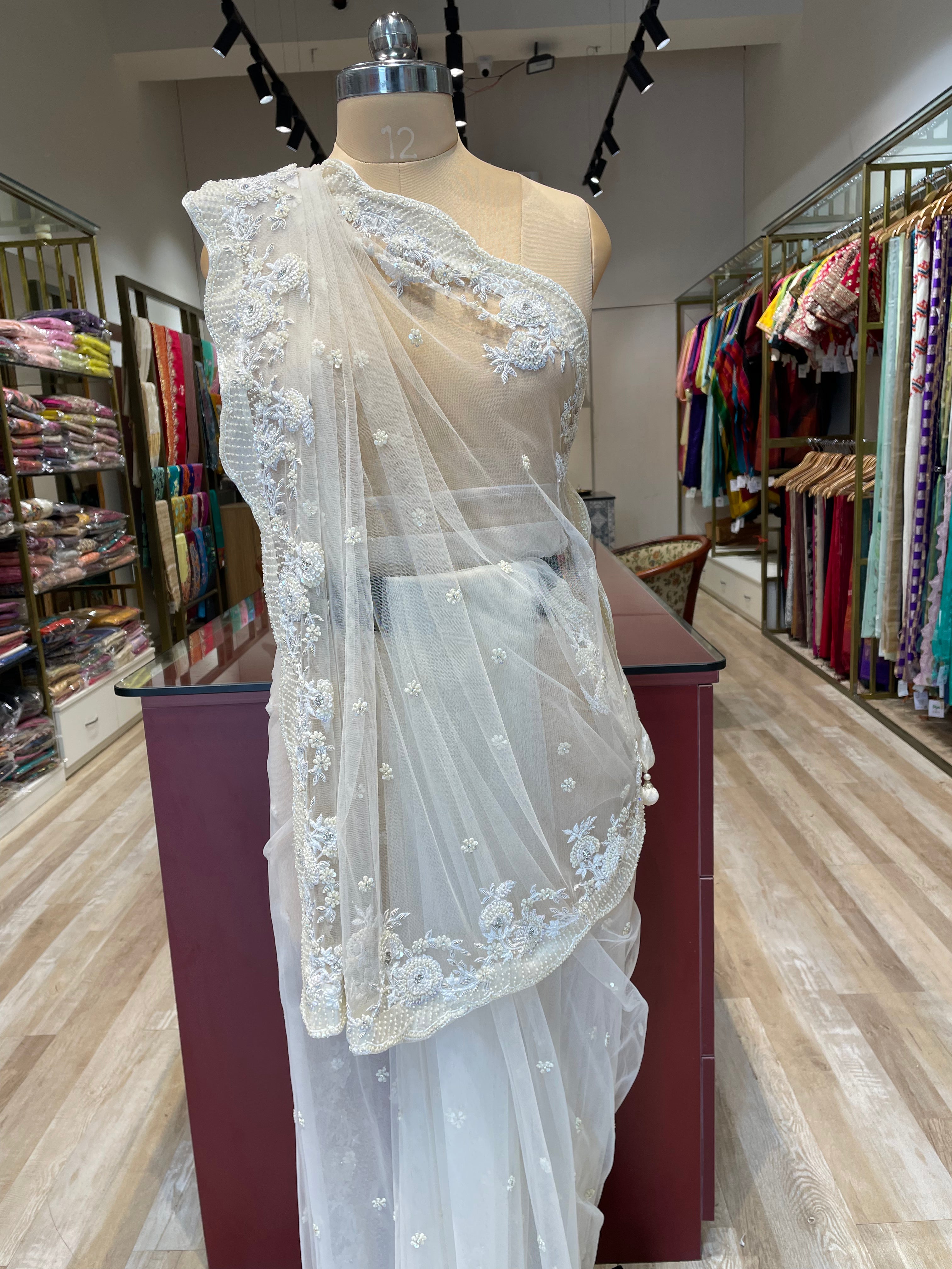 White net saree with Moti work