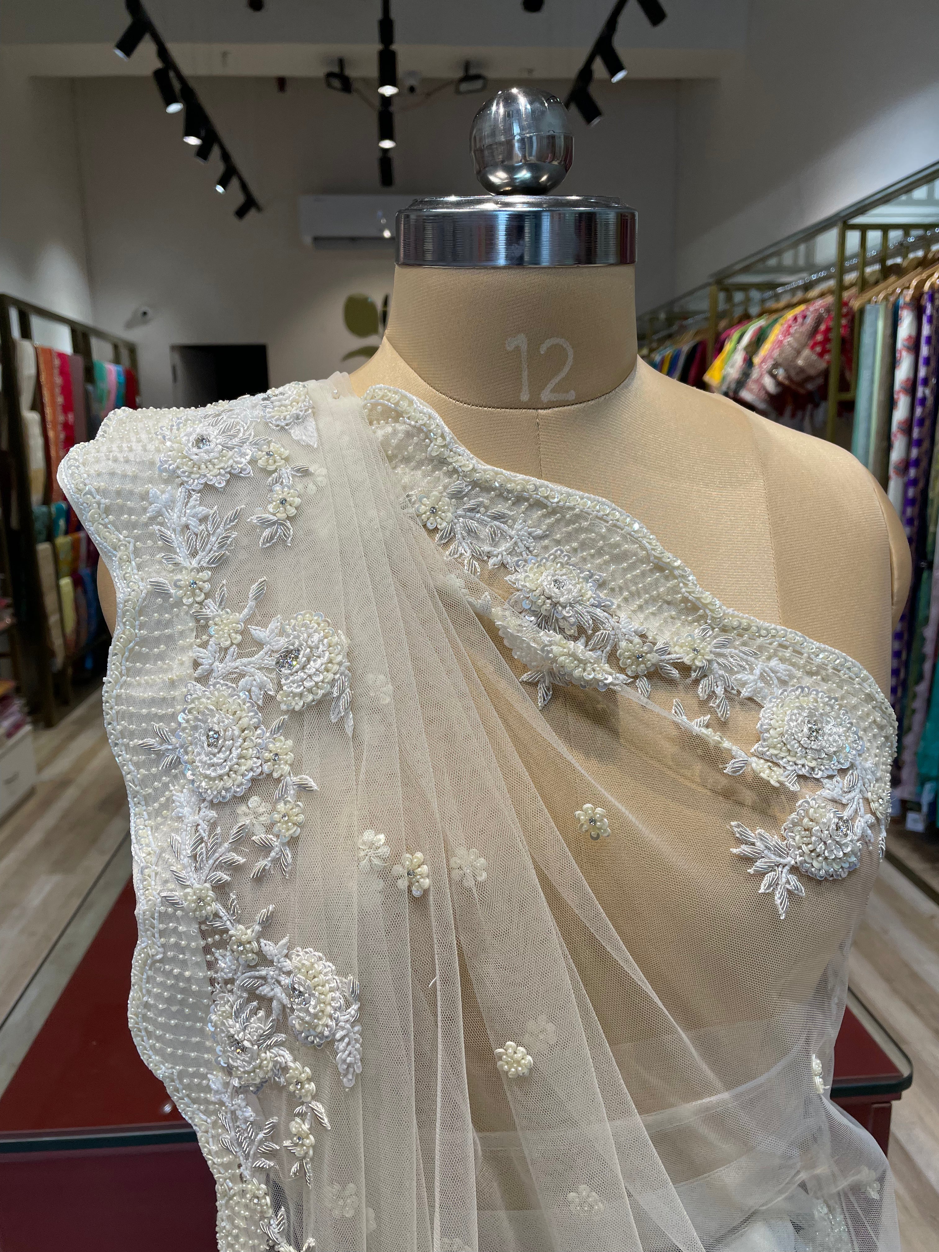 White net saree with Moti work