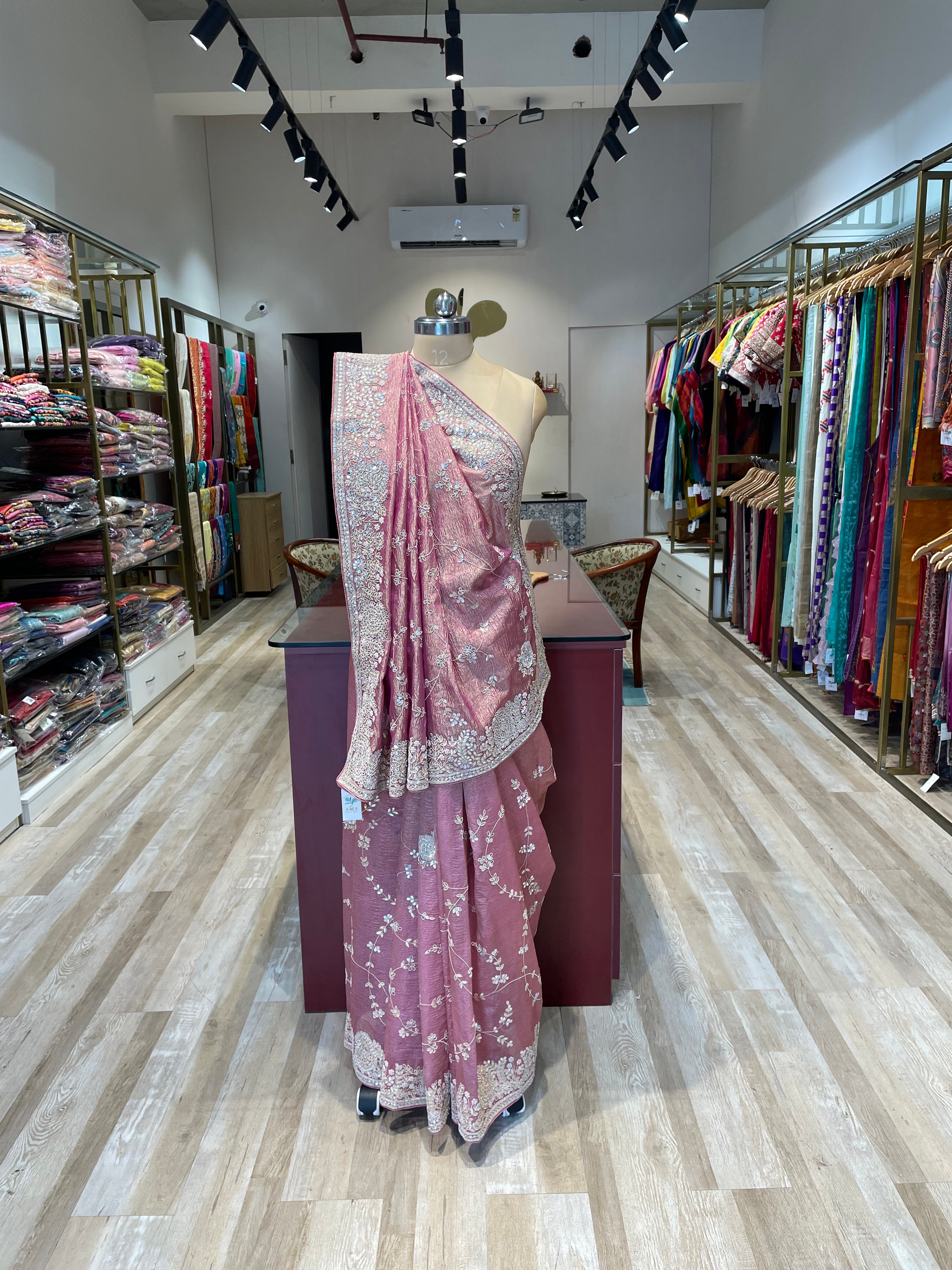 Pure crush tissue saree with handwork (P)