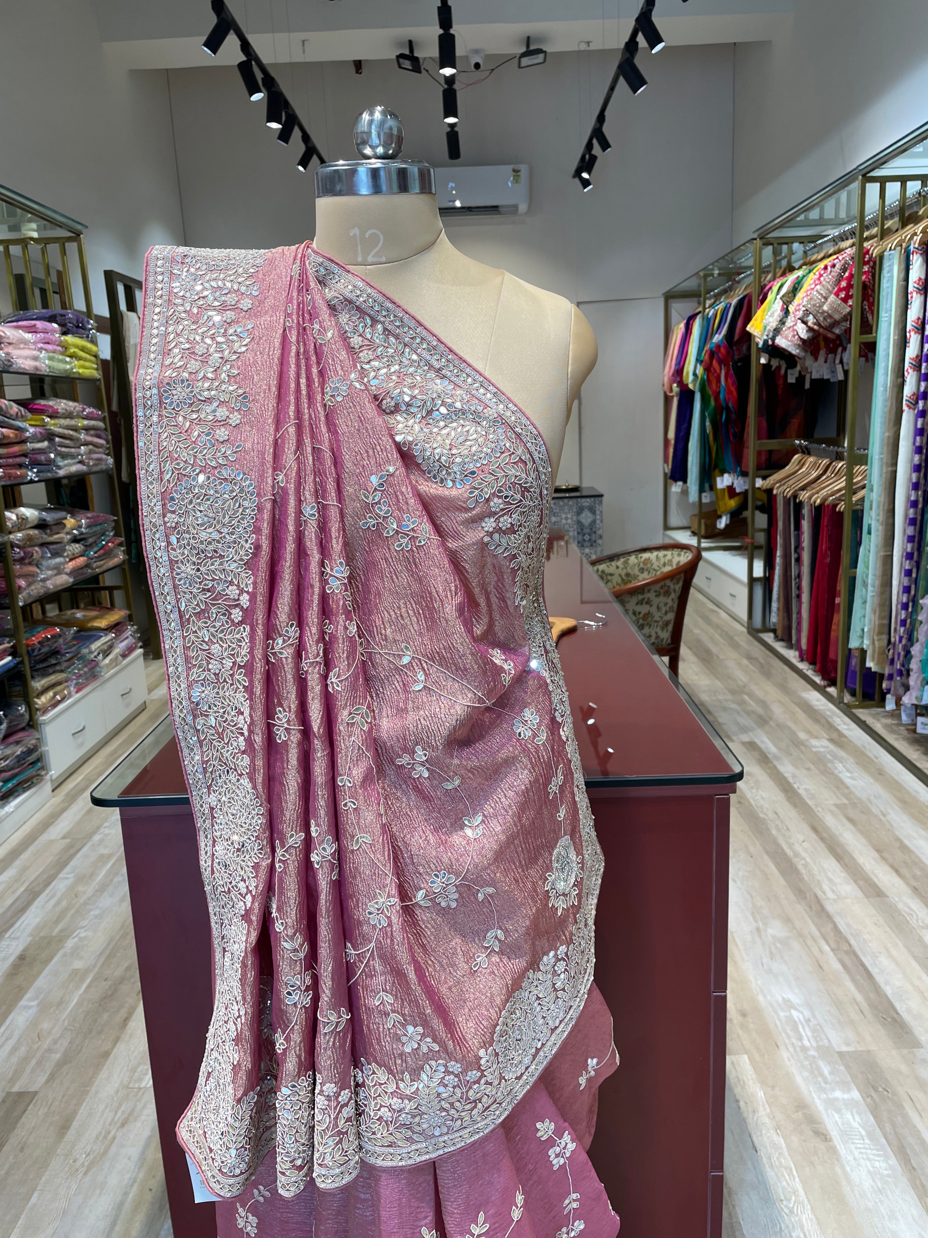 Pure crush tissue saree with handwork (P)