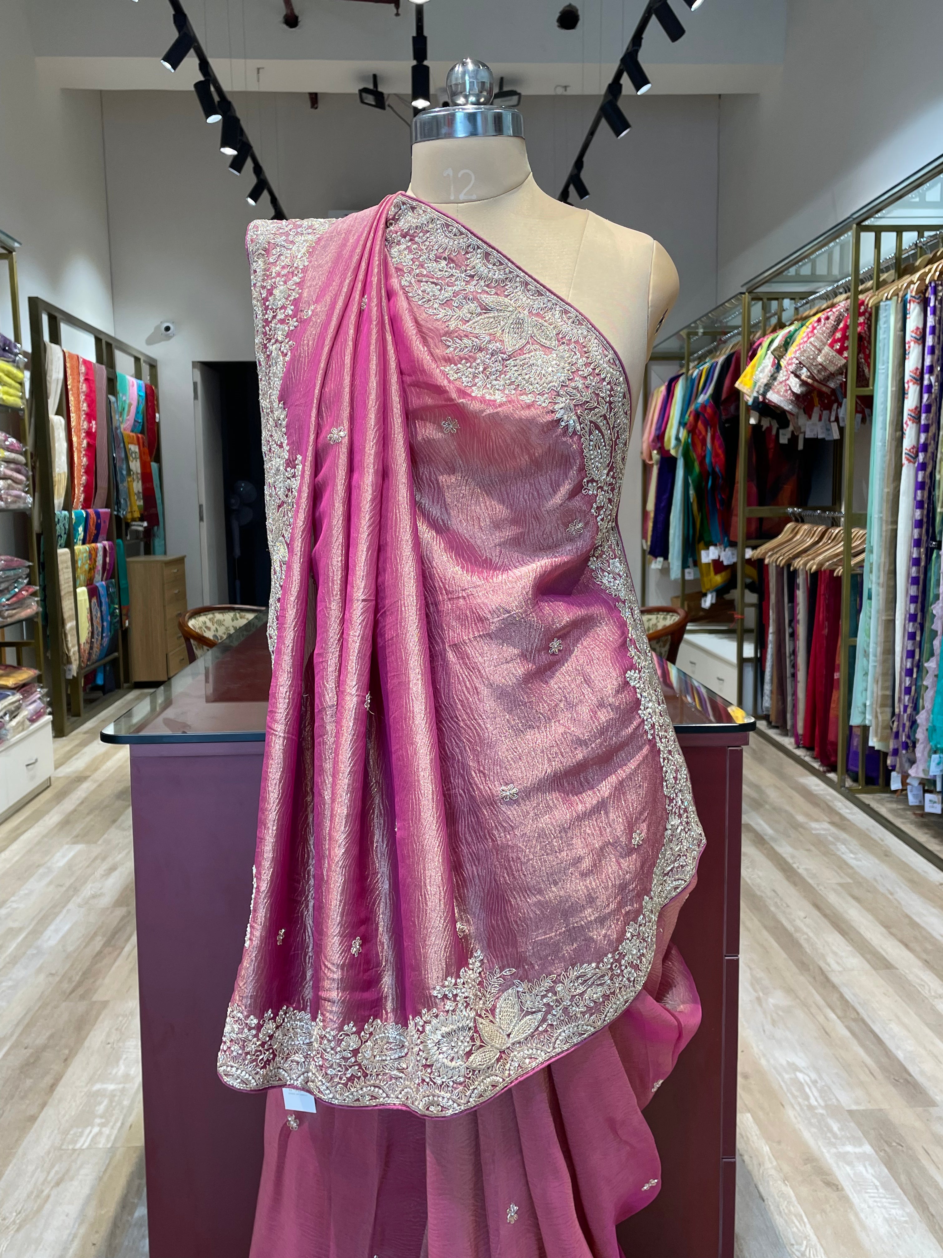 Pure crush tissue saree with handwork (P)