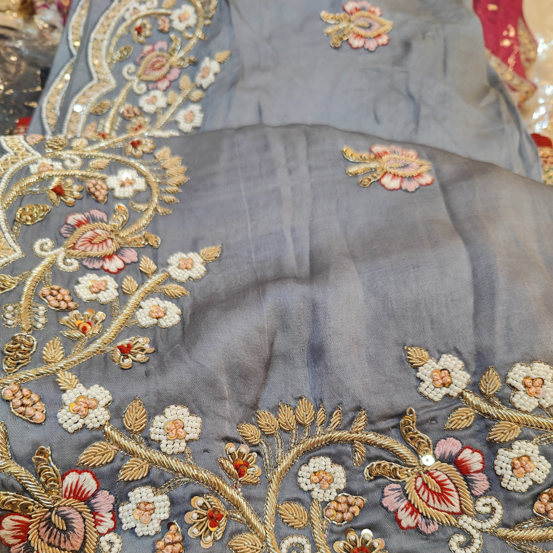 Satin Silk Saree with Zardosi, zari, and moti work