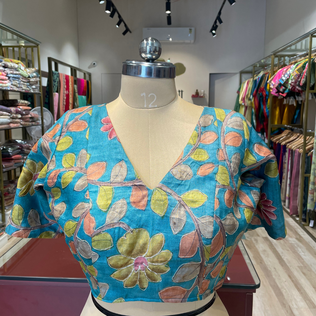 Tussar silk Kalamkari with aari work blouse