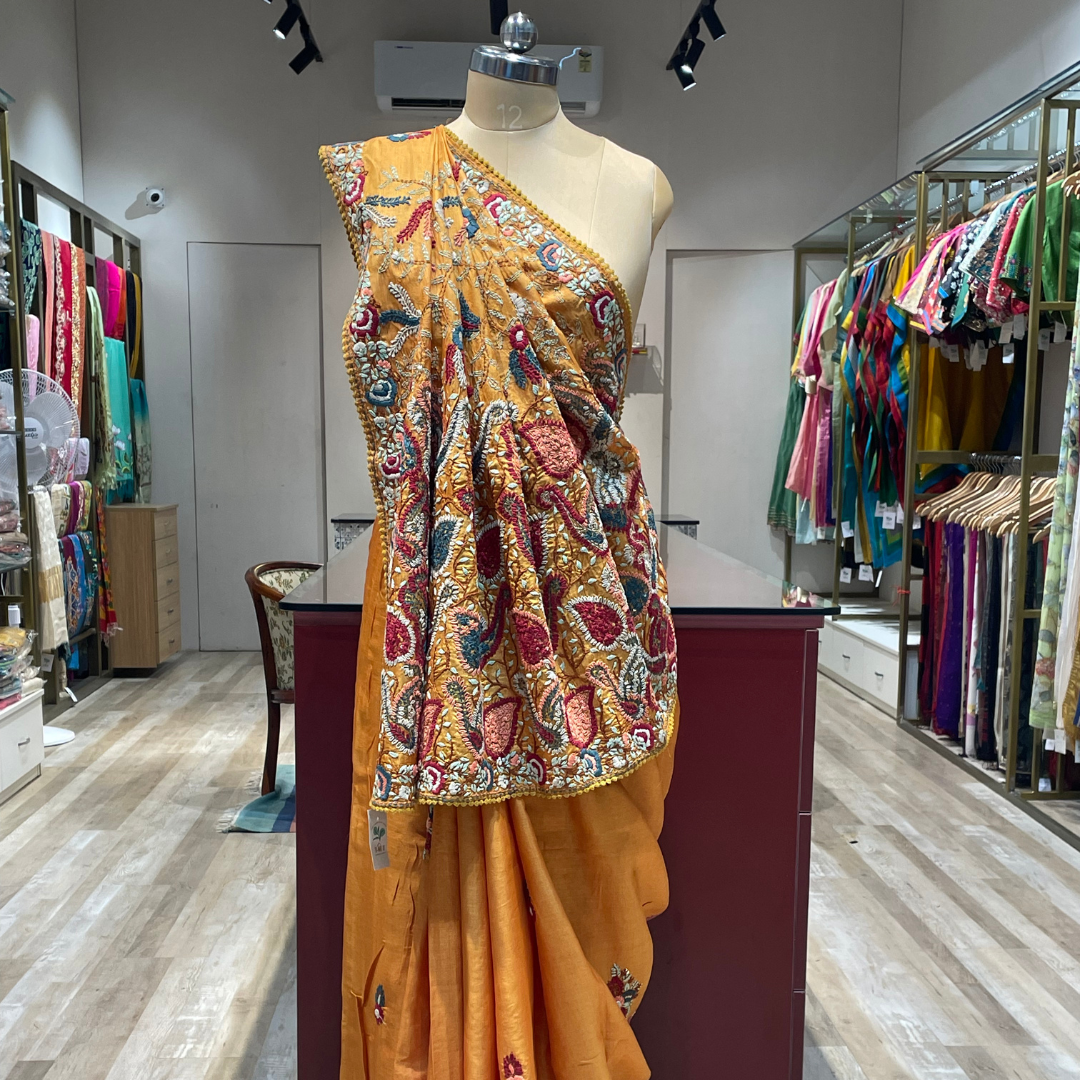 Pure tussar silk Kantha saree with parsi work (Y)