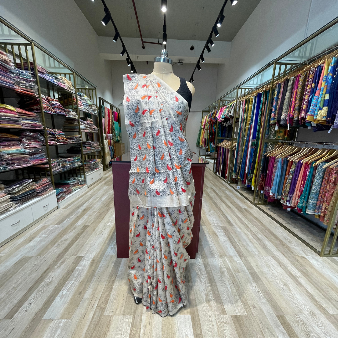 Katha work tussar saree (White)